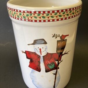 Debbie Mumm Snowman w/Baseball Cap Utensil Holder Jar Sakura Crock Christmas VTG